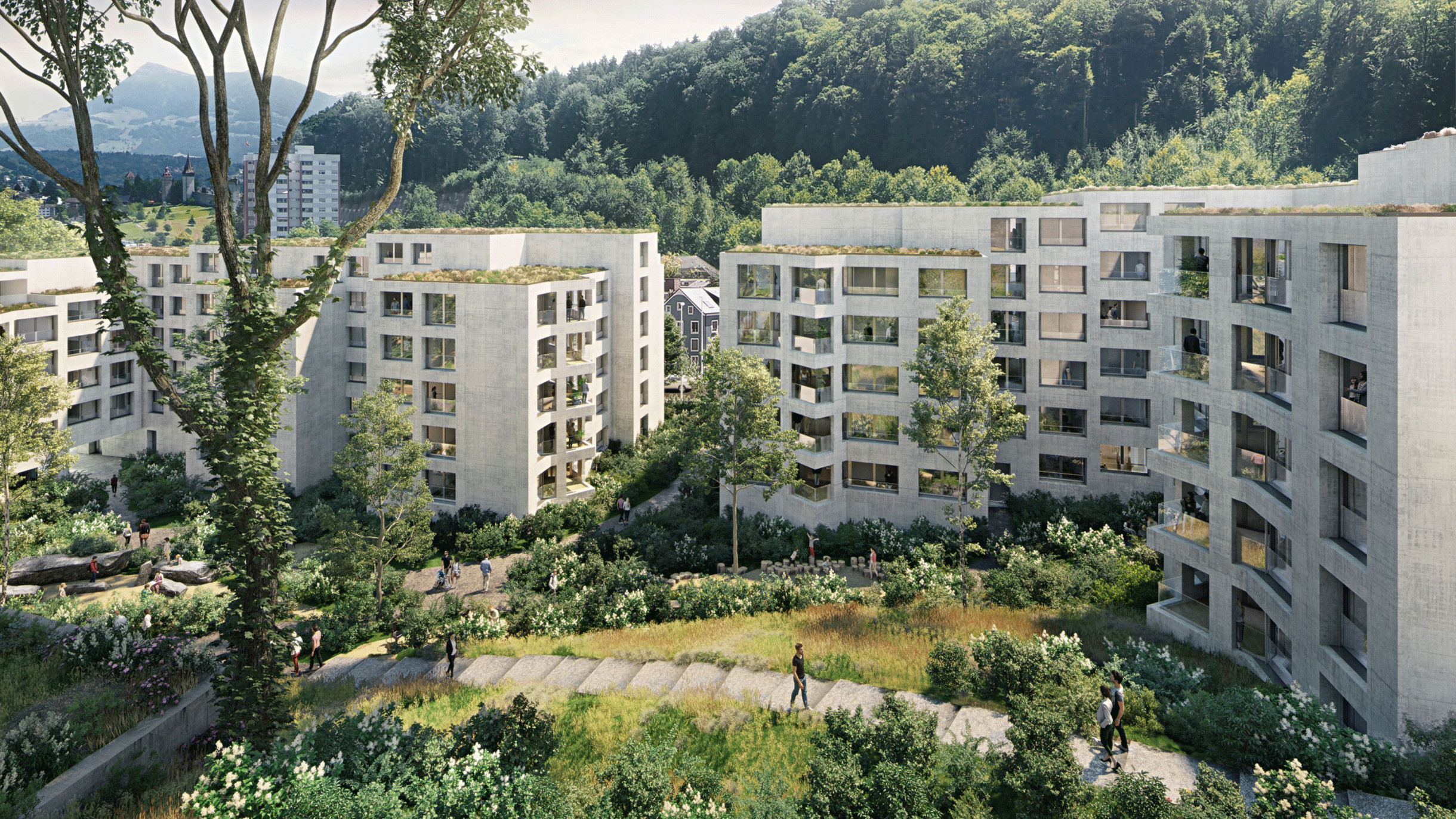 Der rückgelagerte Park mit naturnaher Bepflanzung kann mitgestaltet werden.